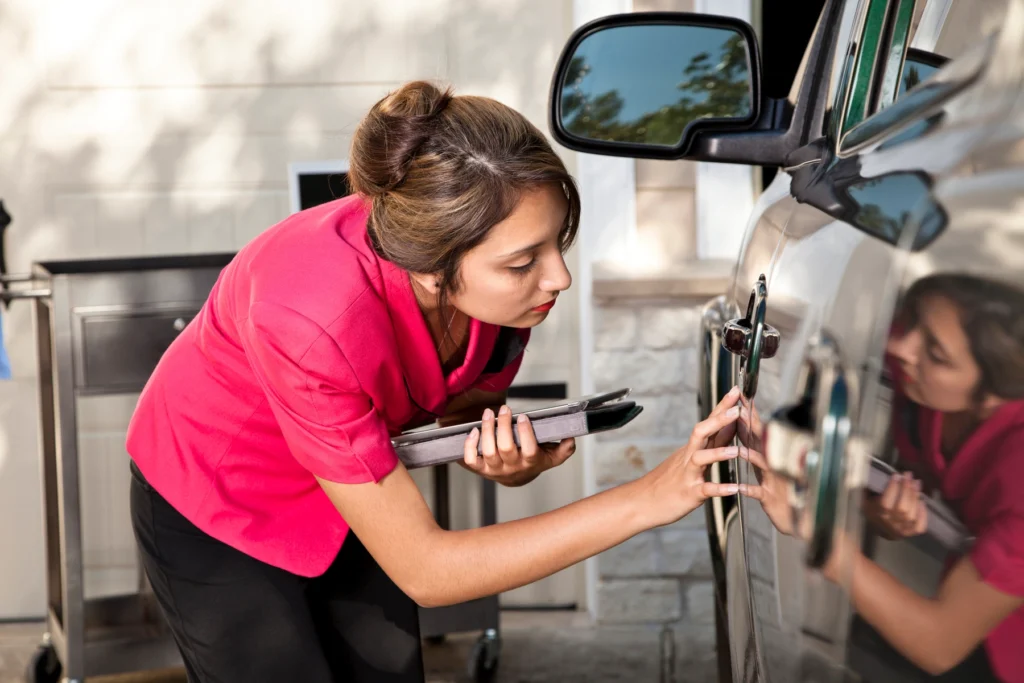 Woman inspects vehicle